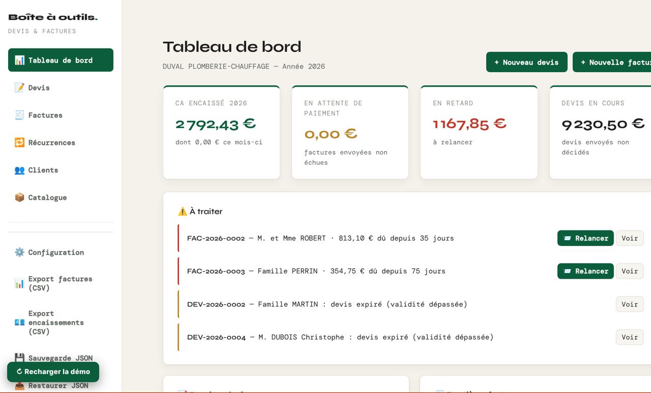 Devis et factures, suivi des encaissements et des retards
